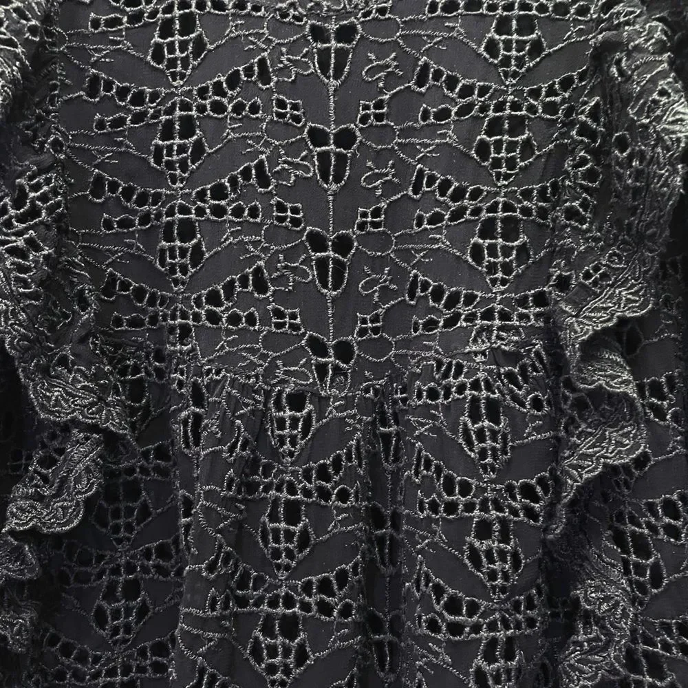 Anthropologie Clementine Eyelet Lace Blouse Black Ruffle Puff Sleeve Size 6